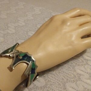 Vintage Los Castillo Seahorse Mosaico Azteca Taxco Sterling Silver Cuff Bracelet